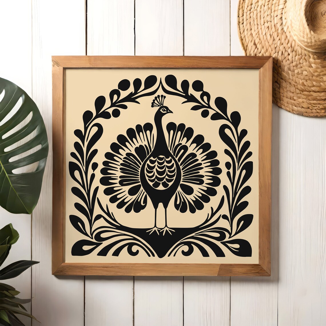 Black Peacock Folk Art Medallion Ornate Bird Scene Art Poster - Image 4