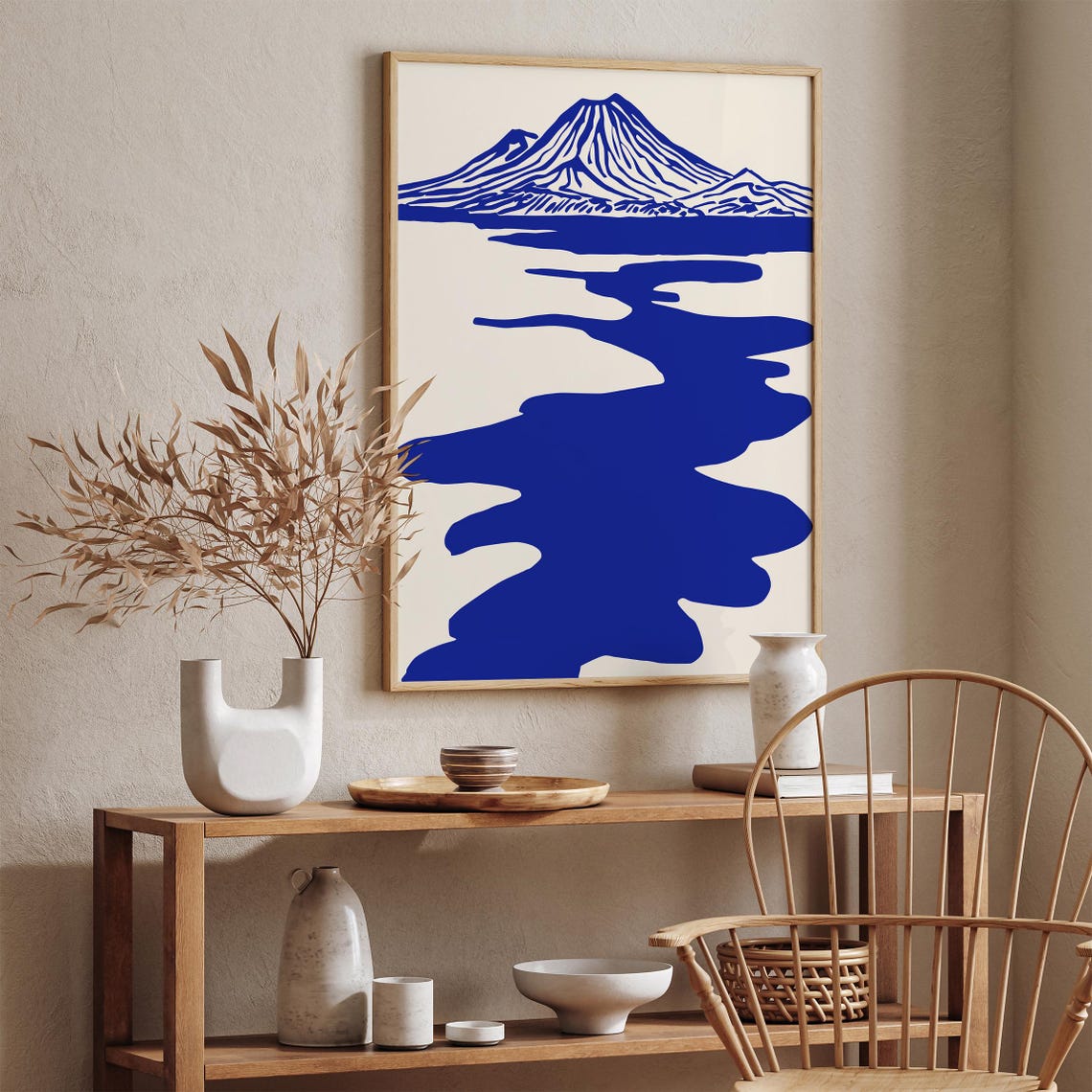 Blue Volcano Mountain Lake Reflection Minimalist Style Art Poster - Image 4