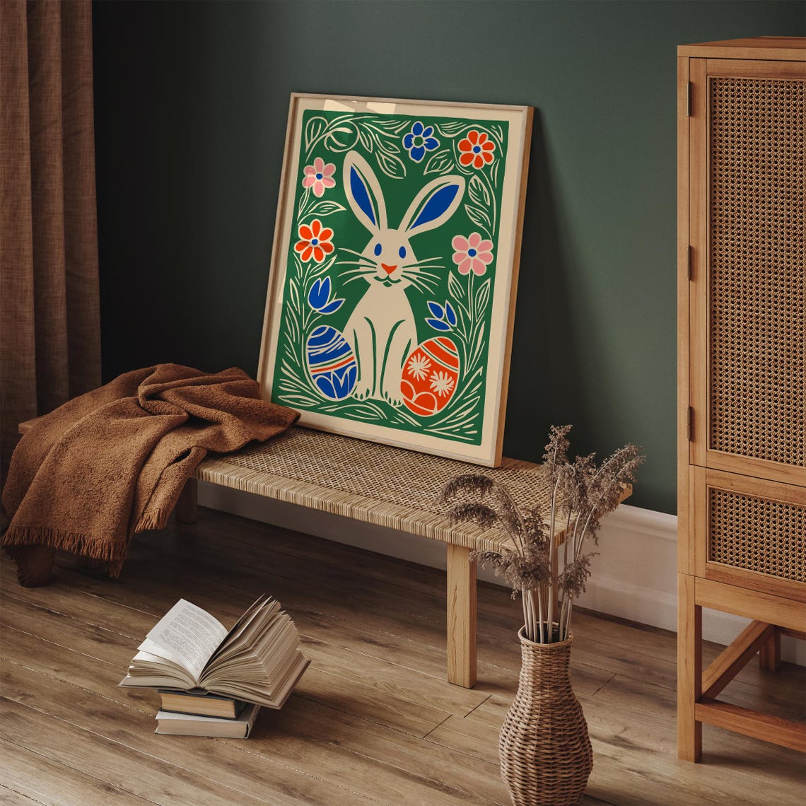 White Easter Bunny Green Meadow Flowers Painted Eggs Art Poster - Image 4