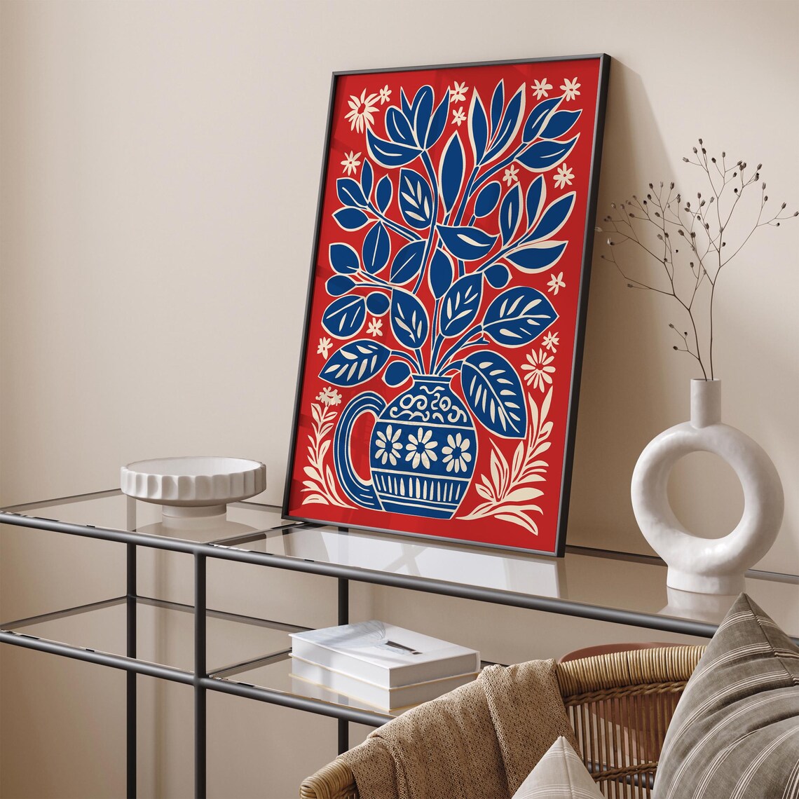 Bold Red Floral Bouquet Paper Cut Botanical Blue Vase Poster - Image 3