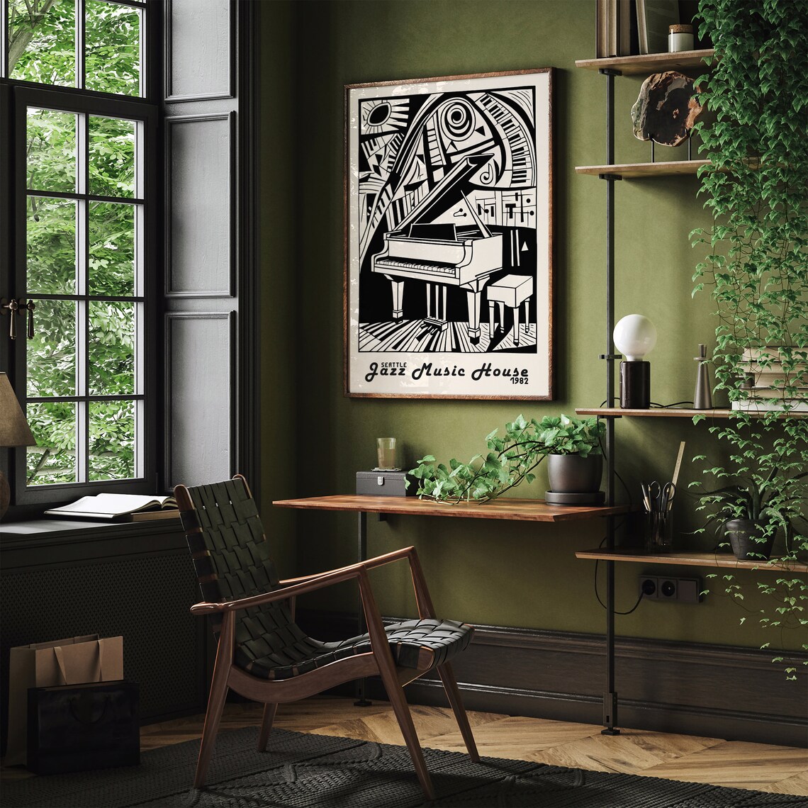 Retro White Seattle 1982 Jazz Music House Black Piano Poster - Image 2
