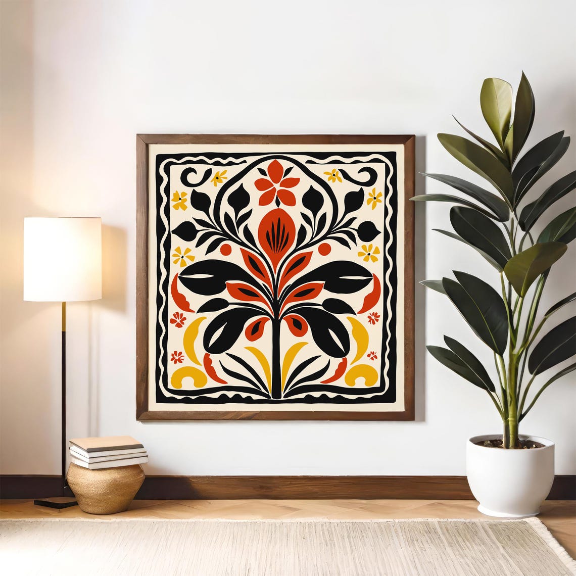 Bold Abstract Folk Floral Tile Square Art Poster In Warm Colors - Image 4