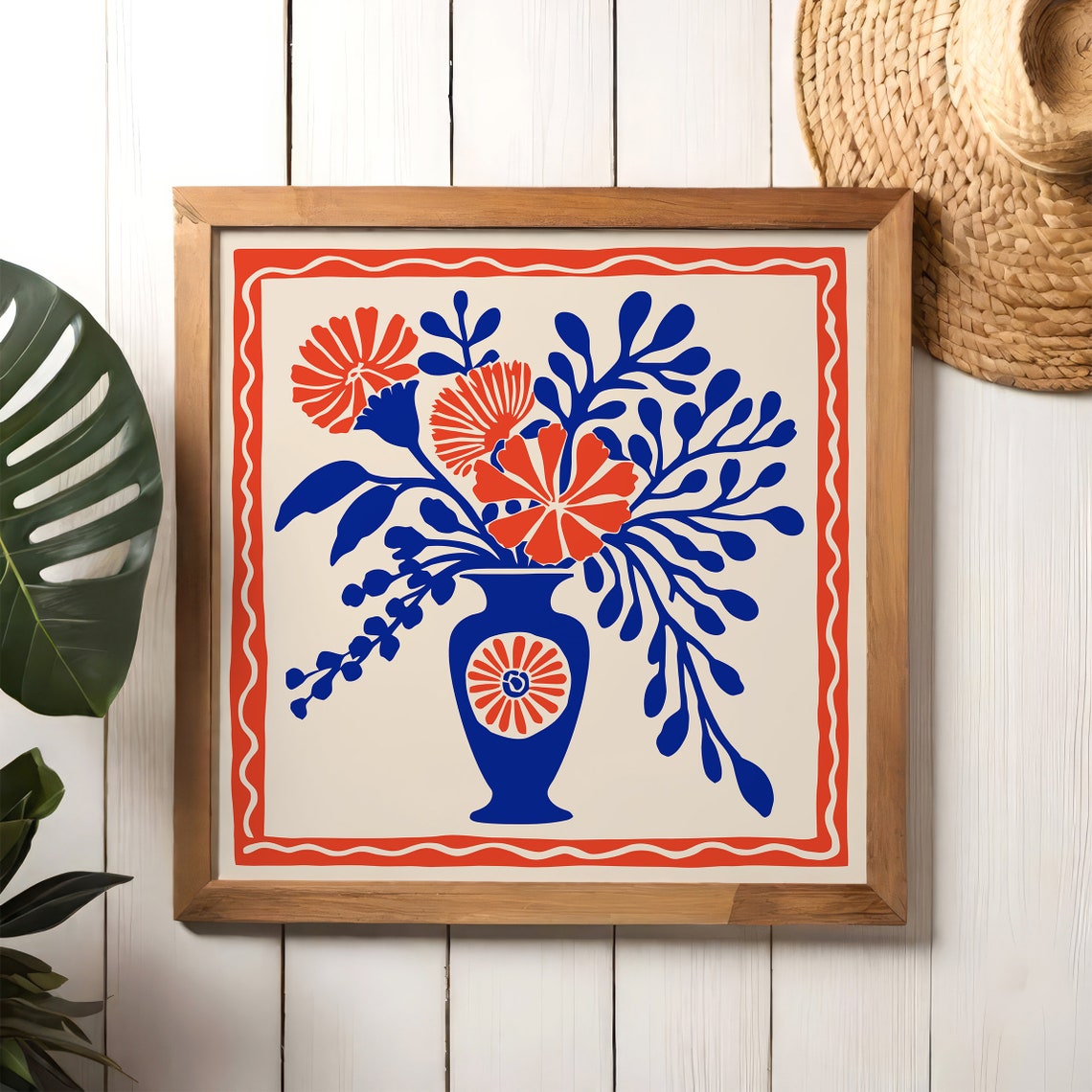 Blue Vase Red Flowers Retro Botanical Square Framed Wall Art - Image 4