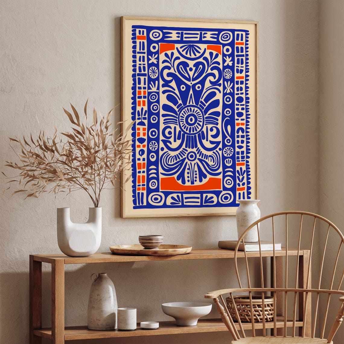 Blue Red Ethnic Tribal Pattern Bold Bohemian Folk Style Art Print - Image 4