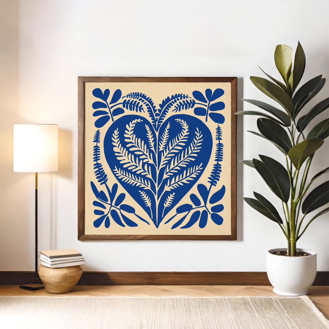Cobalt Blue Botanical Heart Folk Art Boho Square Floral Wall Art - Image 4