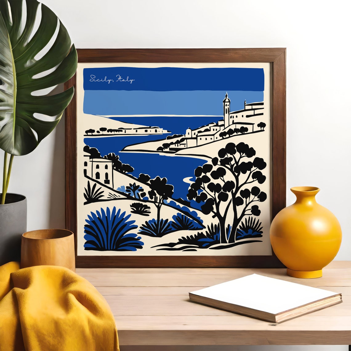 Lovely Sicily Italy Coastal Village Indigo Ink Illustration Poster - Image 6