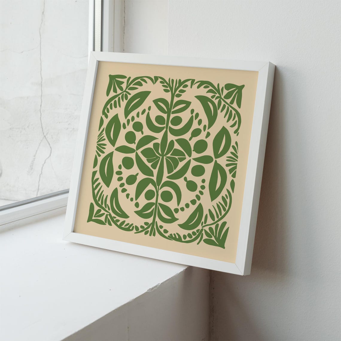 Green Cutout Botanical Symmetrical Square Folk Art Linocut Print - Image 5