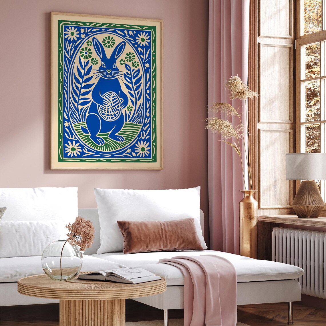 Blue Easter Bunny Holding Woven Basket Folk Floral Art Poster - Image 3