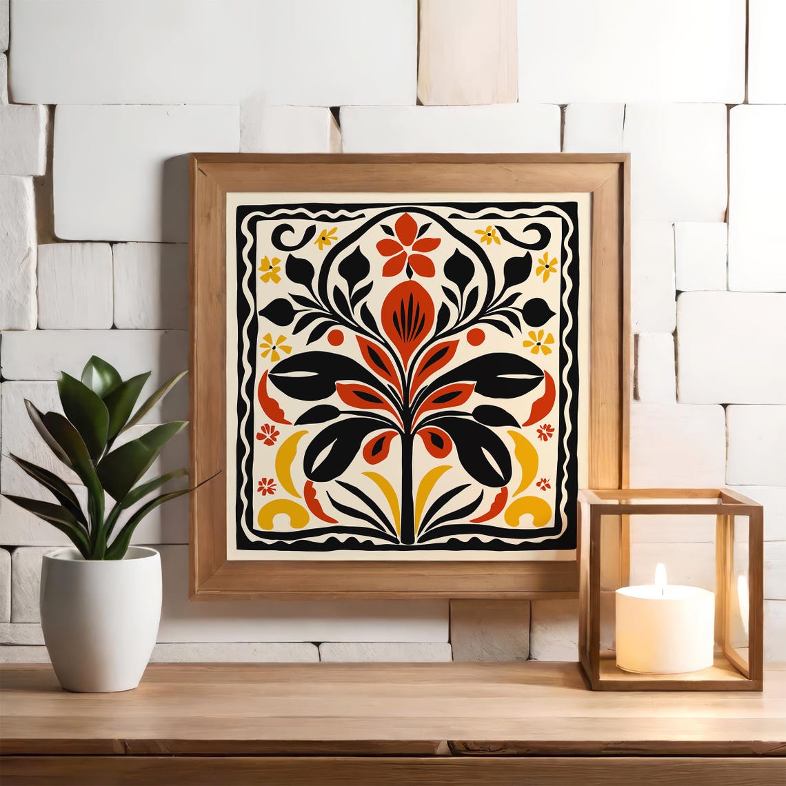Bold Abstract Folk Floral Tile Square Art Poster In Warm Colors - Image 5