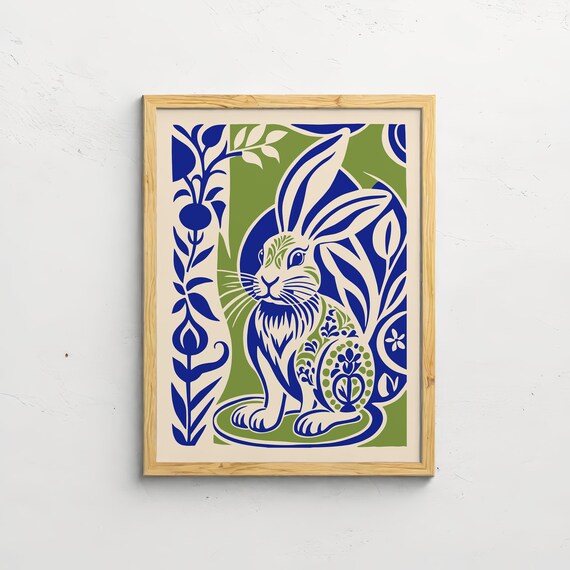 Blue Green Botanical Rabbit Modern Boho Nature Wall Decor Poster