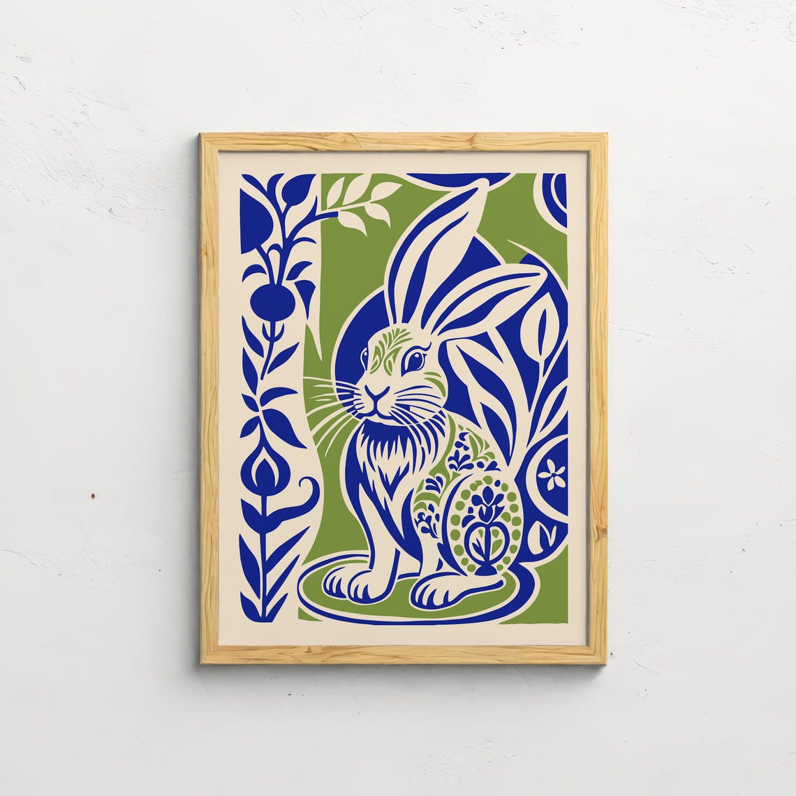 Blue Green Botanical Rabbit Modern Boho Nature Wall Decor Poster