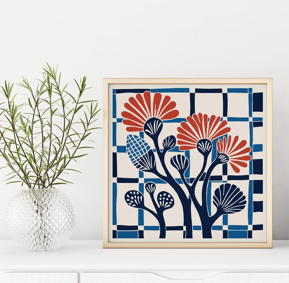Blue Red Floral Botanical Grid Folk Cutout Style Modern Art Print - Image 2
