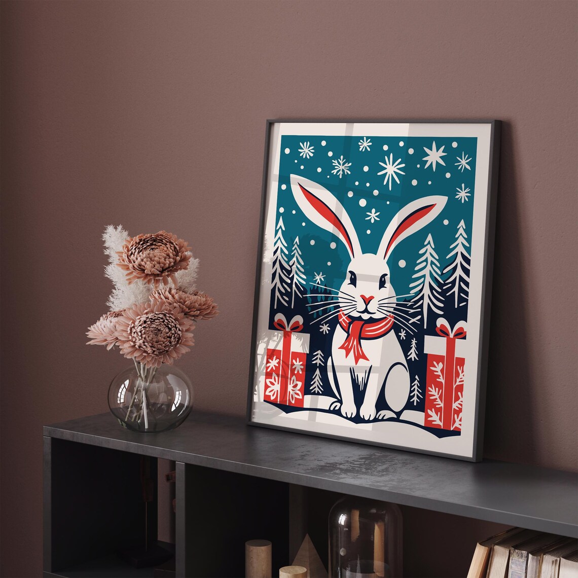 White Christmas Bunny Winter Scene Gift Holiday Festive Poster - Image 4