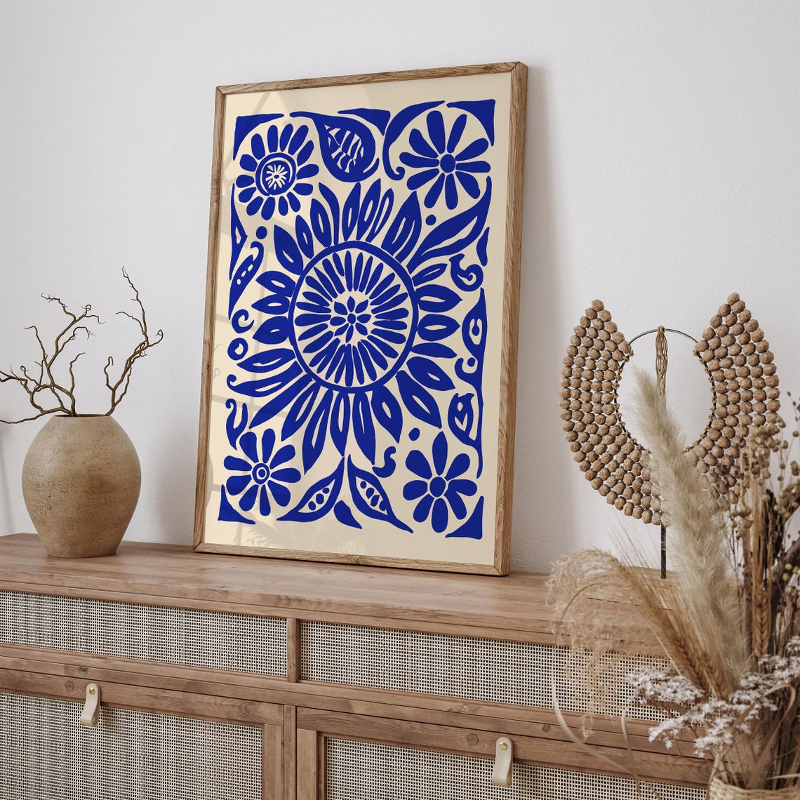 Indigo Blue Floral Symmetrical Botanical Mandala Ornament Poster - Image 3