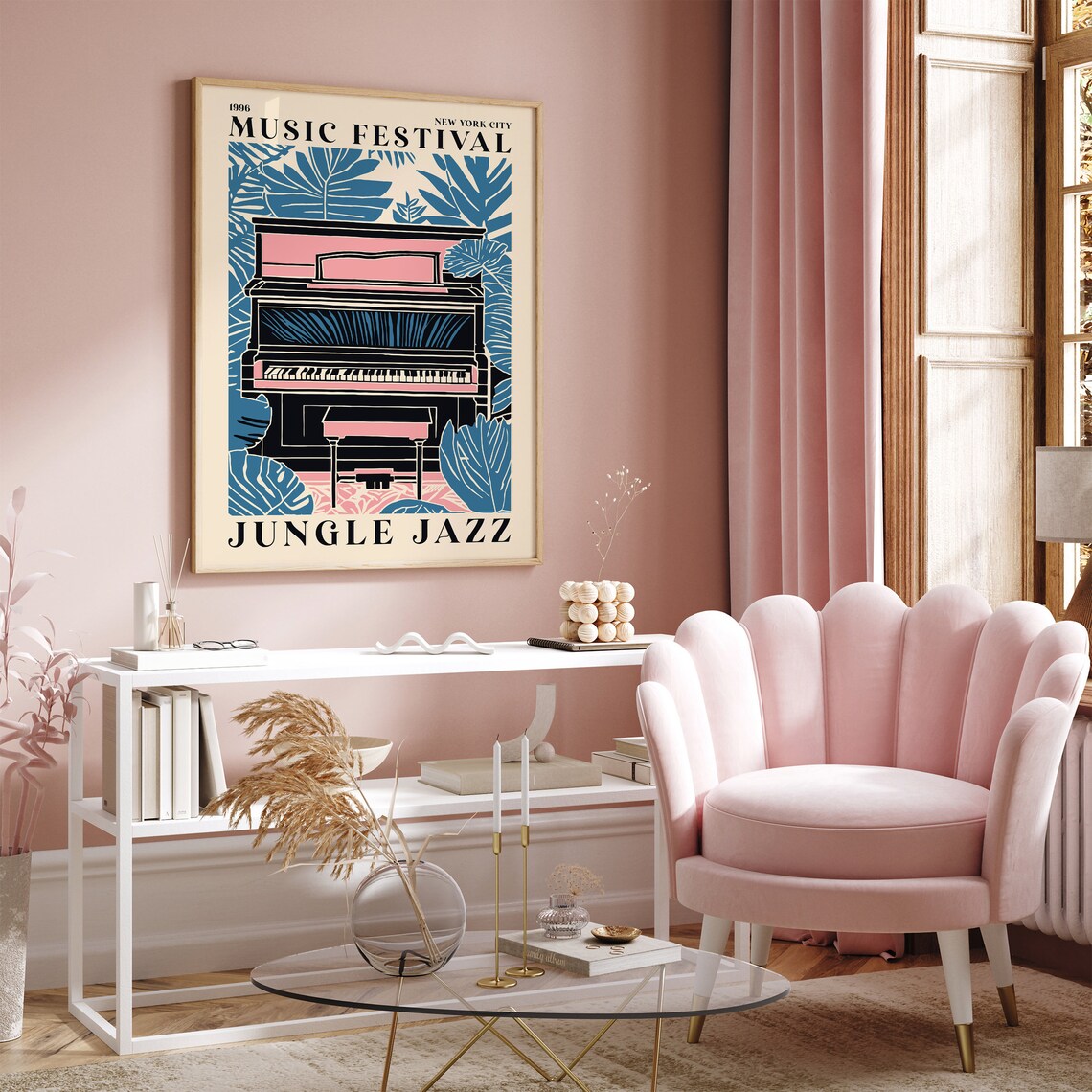 1996 New York City Music Festival Jungle Jazz Pink Piano Retro Poster - Image 2