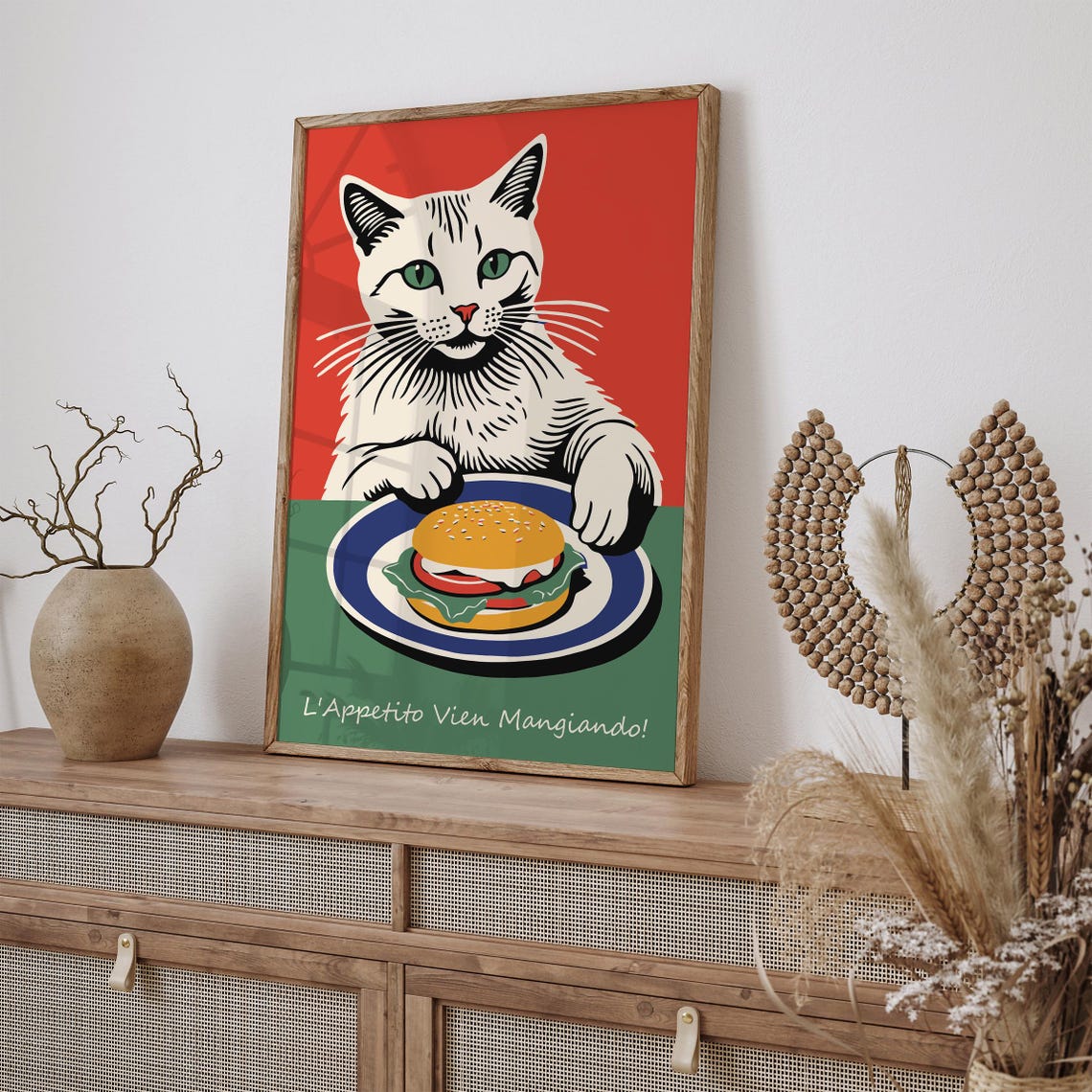 Funny White Cat Eating Burger Italian Poster L'Appetito Vien Mangiando - Image 2