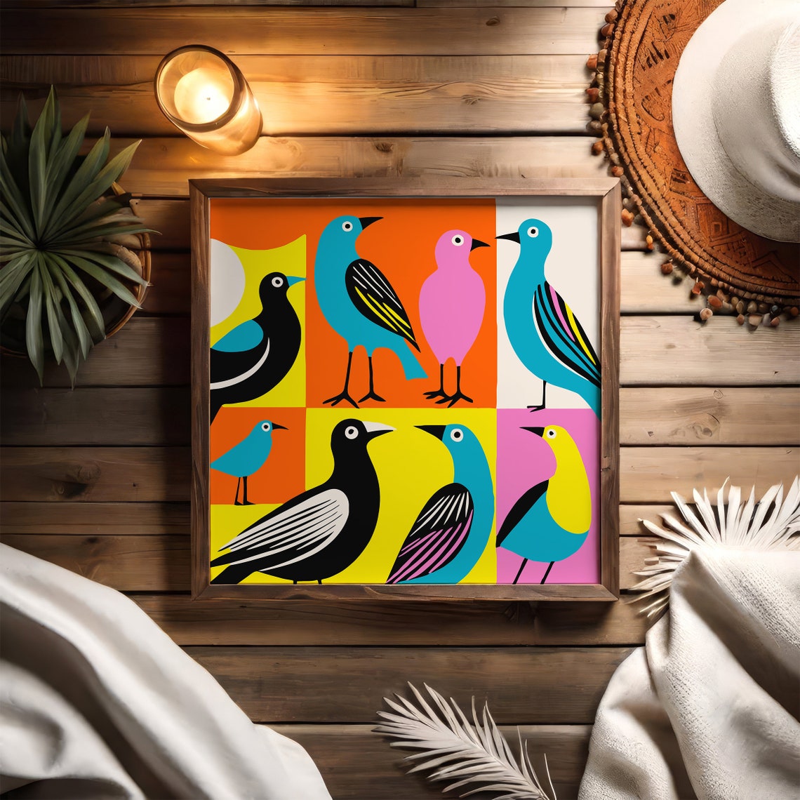 Pop Art Colorful Birds Grid Mid Century Modern Square Poster - Image 3