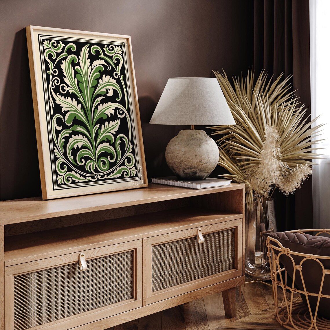 Green Acanthus Leaf Baroque Ornament on Black Classic Vintage Poster - Image 3
