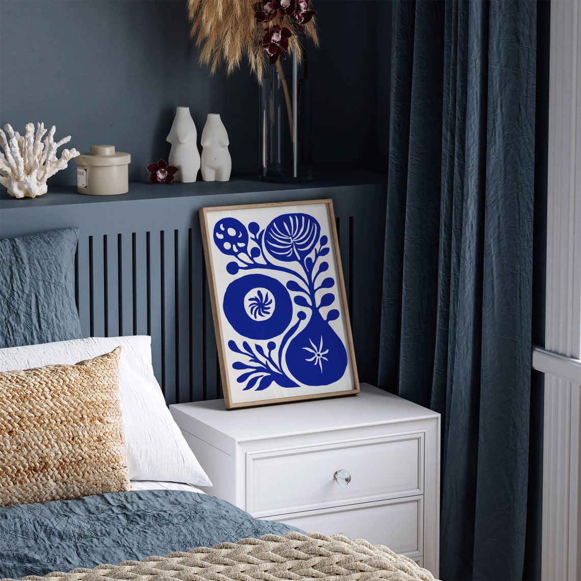 Blue Abstract Bloom Botanical Folk Art White Negative Space Print - Image 4