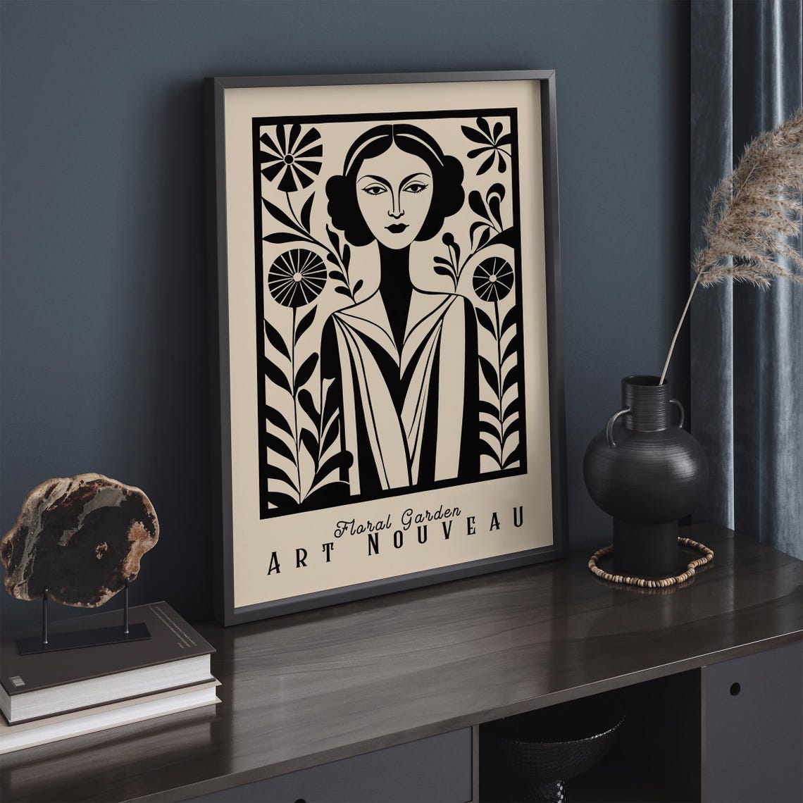Art Nouveau Floral Garden Woman Black Beige Elegant Style Poster - Image 3