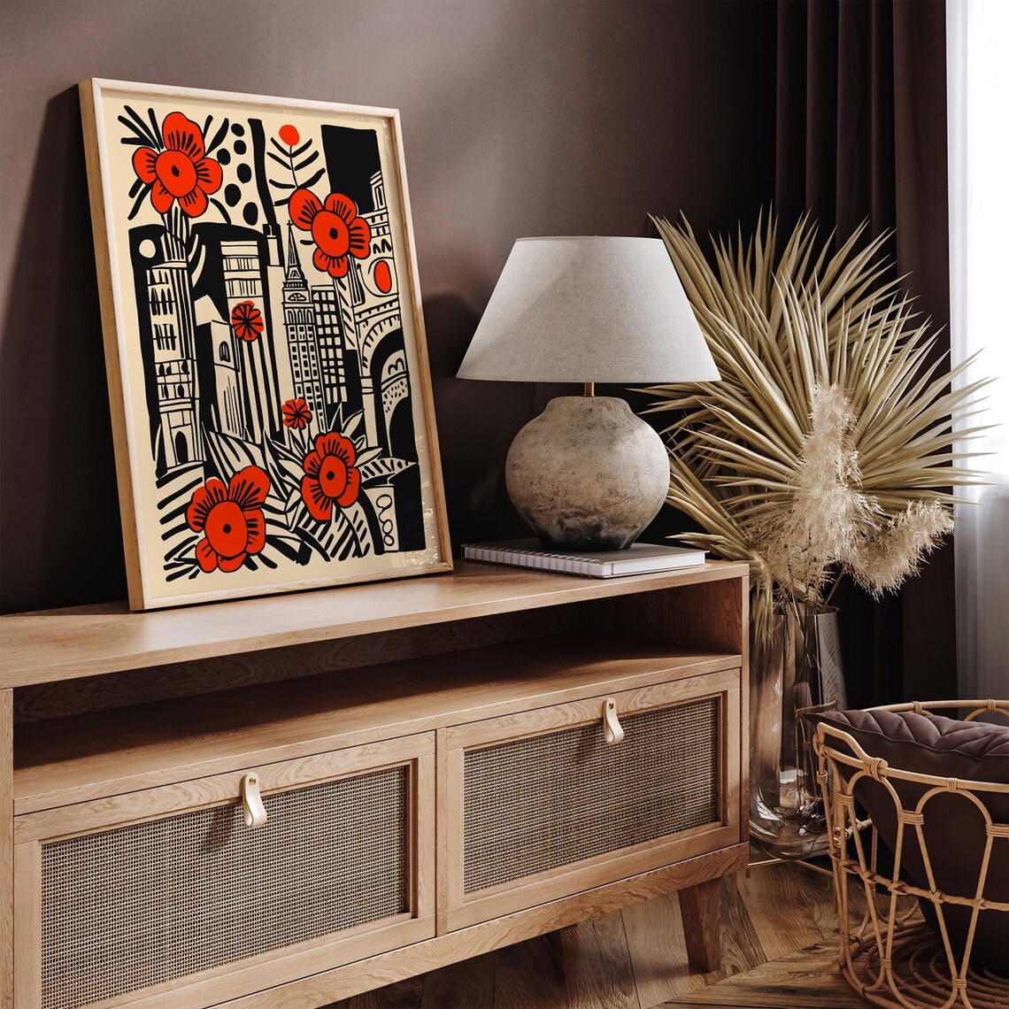 London England Skyline Linocut Red Poppies Floral City Poster - Image 4