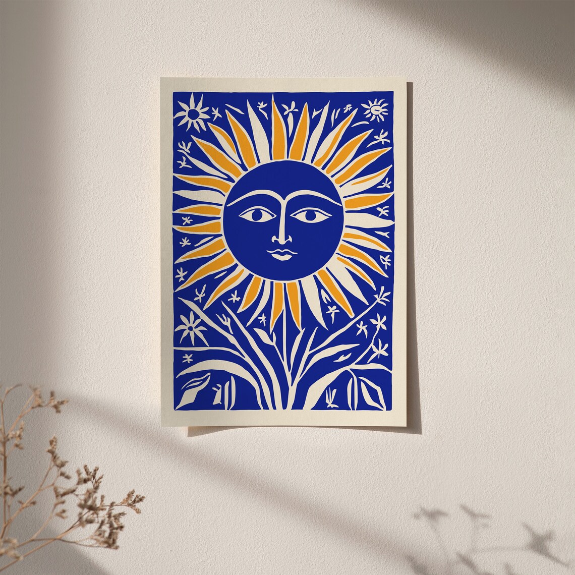 Blue Sun Face Golden Rays Folk Art Linocut Vintage Style Poster - Image 4