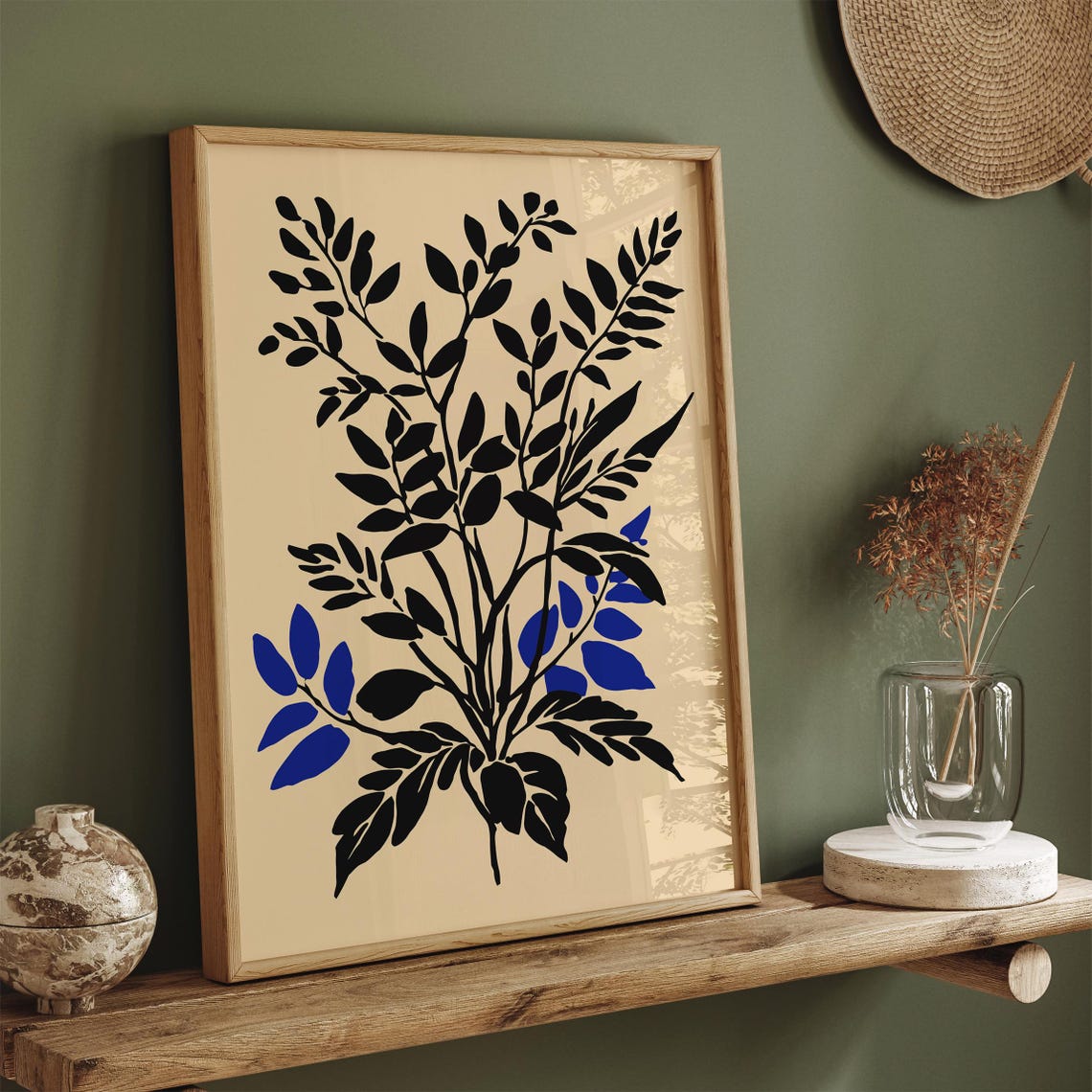 Black Blue Leaf Silhouette Minimalist Botanical Rustic Art Print
