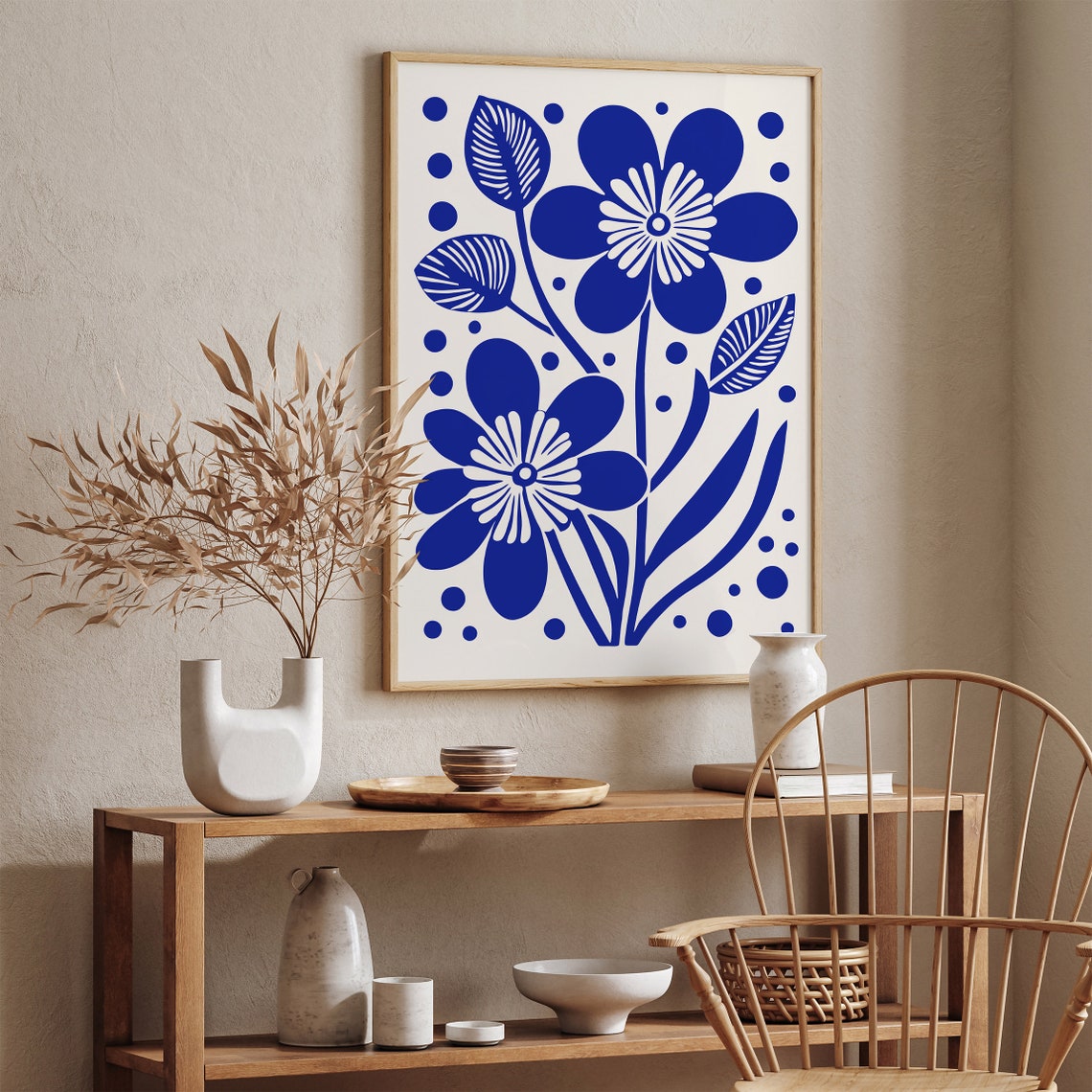 Royal Blue Indigo Flowers Bold Botanical Folk Style Art Print - Image 2