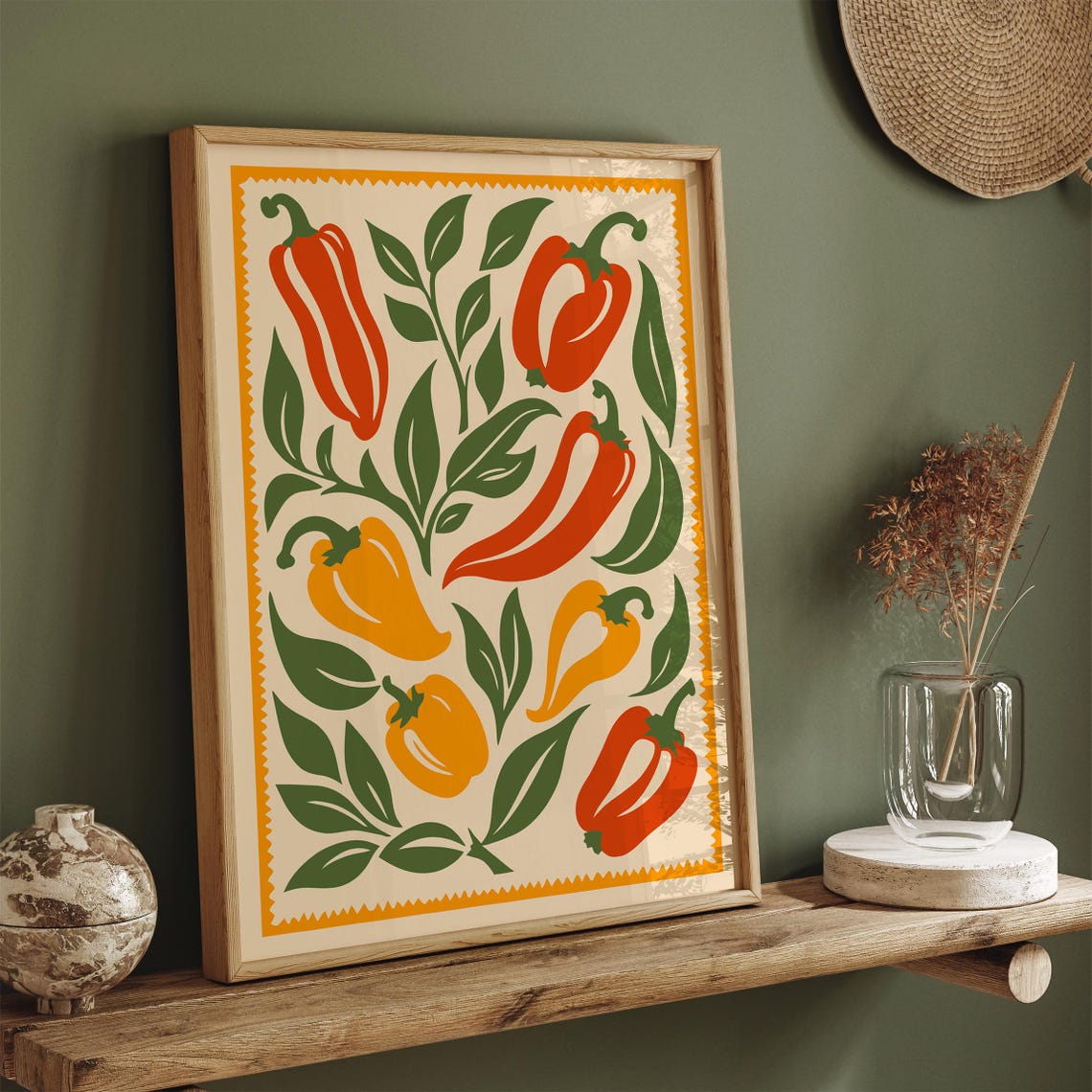 Folk Art Pepper Plant Kitchen Garden Botanical Wall Decor Poster