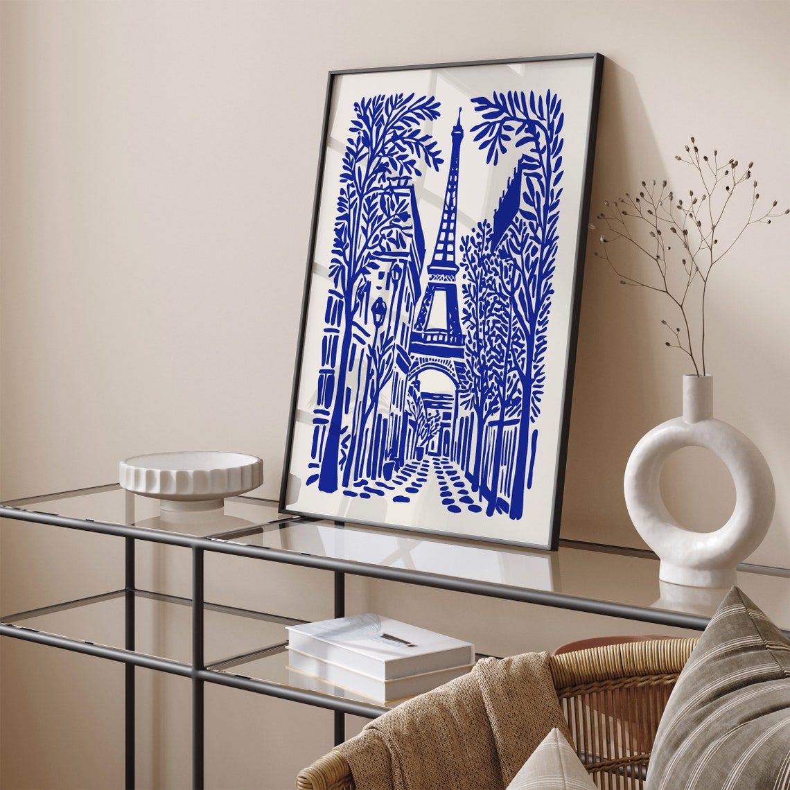 Paris Blue Eiffel Tower Cobblestone Street Linocut Travel Poster - Image 5