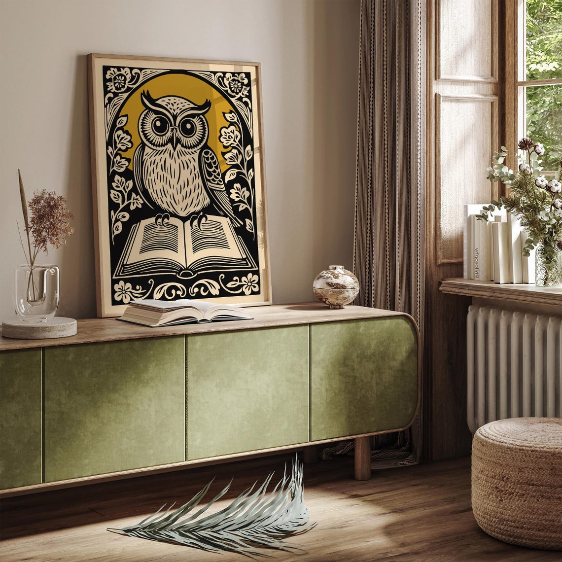 Mustard Yellow Owl Reading Book Linocut Library Decor Poster - Image 3
