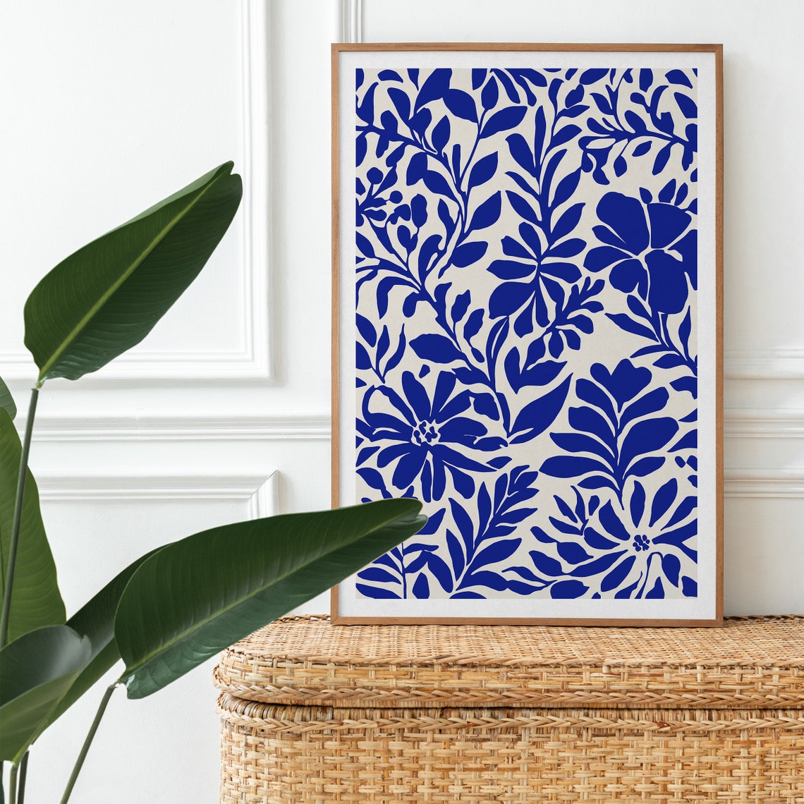 Cobalt Blue Botanical Floral Pattern Cream Minimalist Art Poster - Image 2