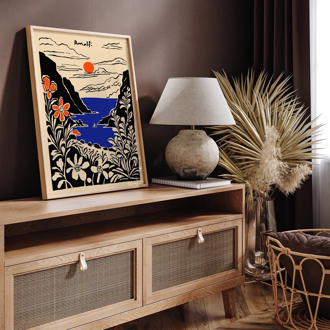 Amalfi Coast Sunset Flowers Sailboat Retro Italian Travel Poster - Image 2