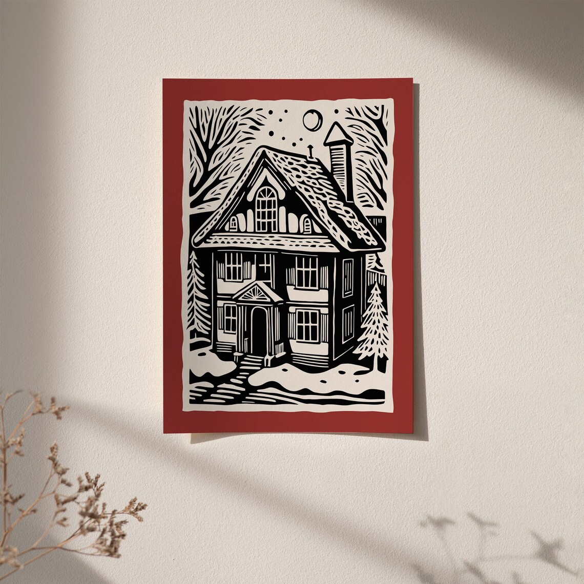 Snowy Winter House Linocut Cozy Cottage Woodcut Holiday Style Poster - Image 4
