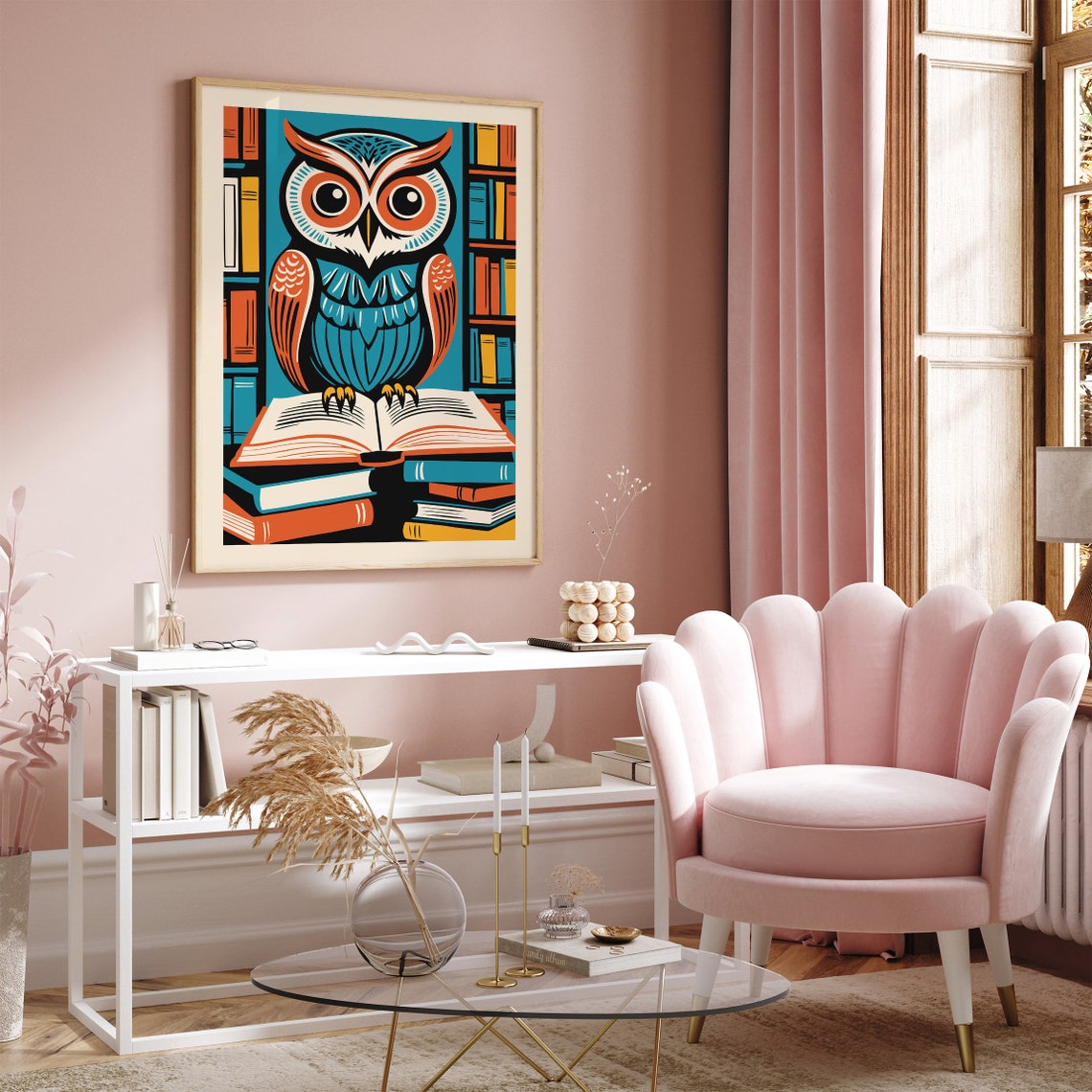 Vintage Owl Standing on Books Beside Library Bookshelf Art Poster - Image 4
