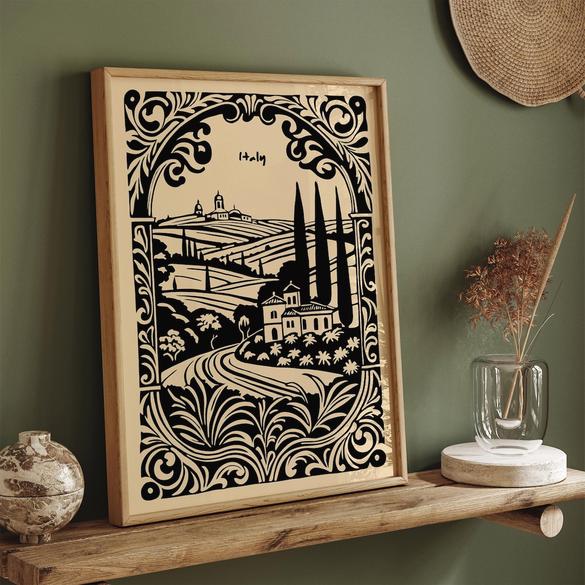 Tuscany Italy Countryside Villa Cypress Hills Linocut Poster - Image 6