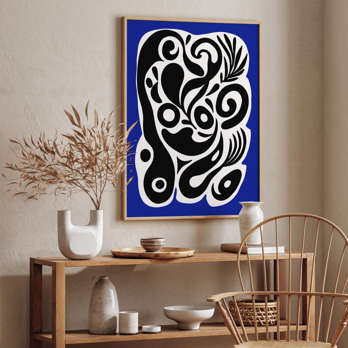 Abstract Black Fluid Line Organic Swirls Bold Blue Art Poster - Image 3