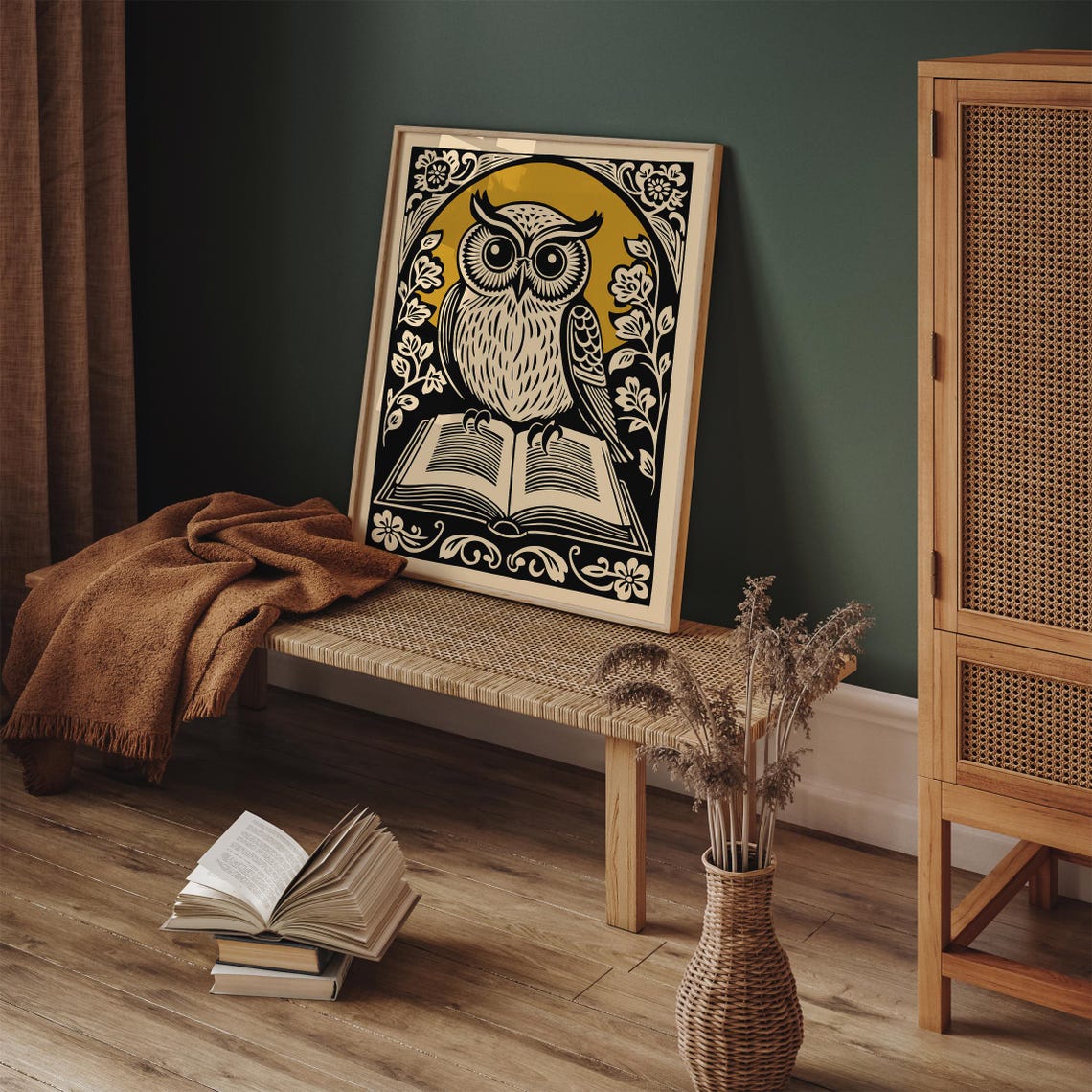 Mustard Yellow Owl Reading Book Linocut Library Decor Poster - Image 5
