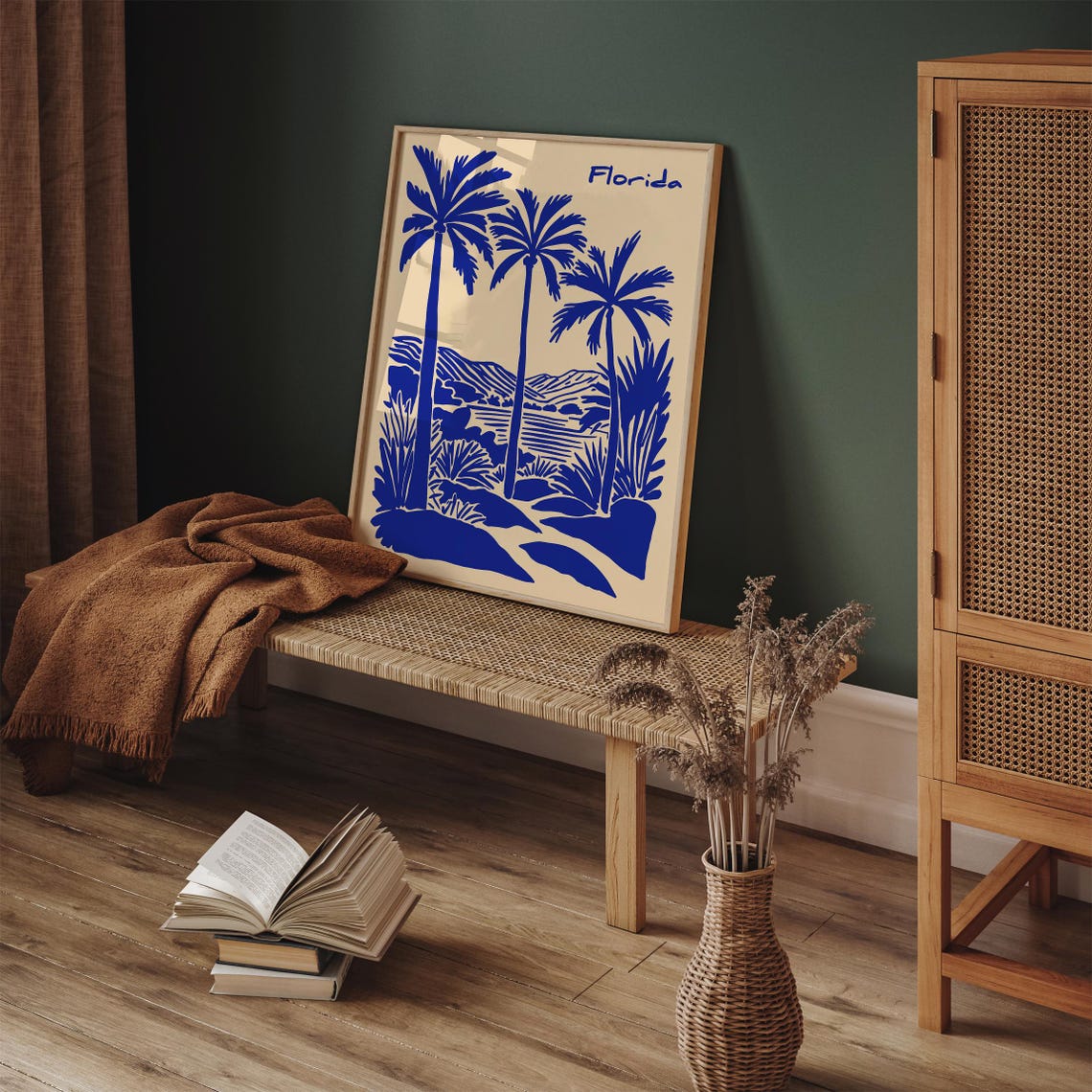 Vintage Florida Palm Trees Blue Linocut Beach Poster On Cream - Image 5