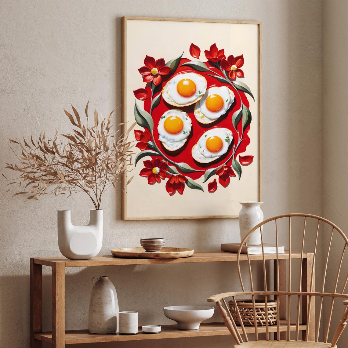 Fried Eggs Red Plate Floral Breakfast Kitchen Fun Decorative Poster - Image 6