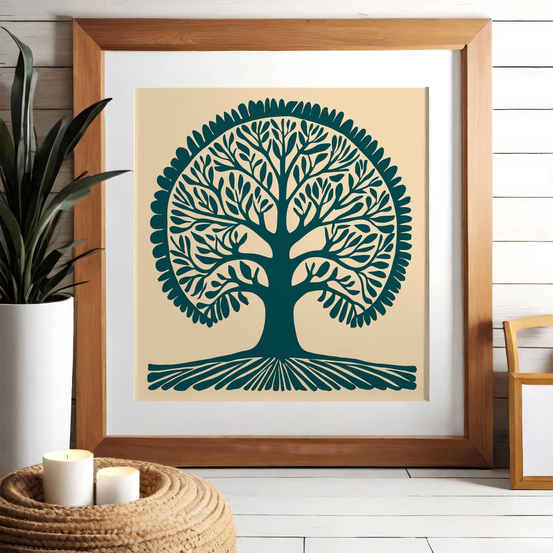 Teal Tree of Life Symmetrical Botanical Square Folk Style Poster - Image 2