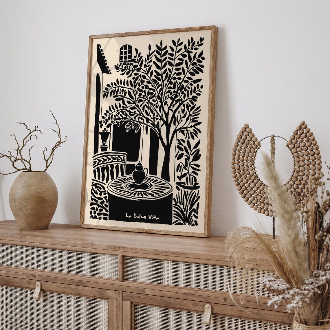 La Dolce Vita Italian Garden Courtyard Black Beige Art Poster - Image 2