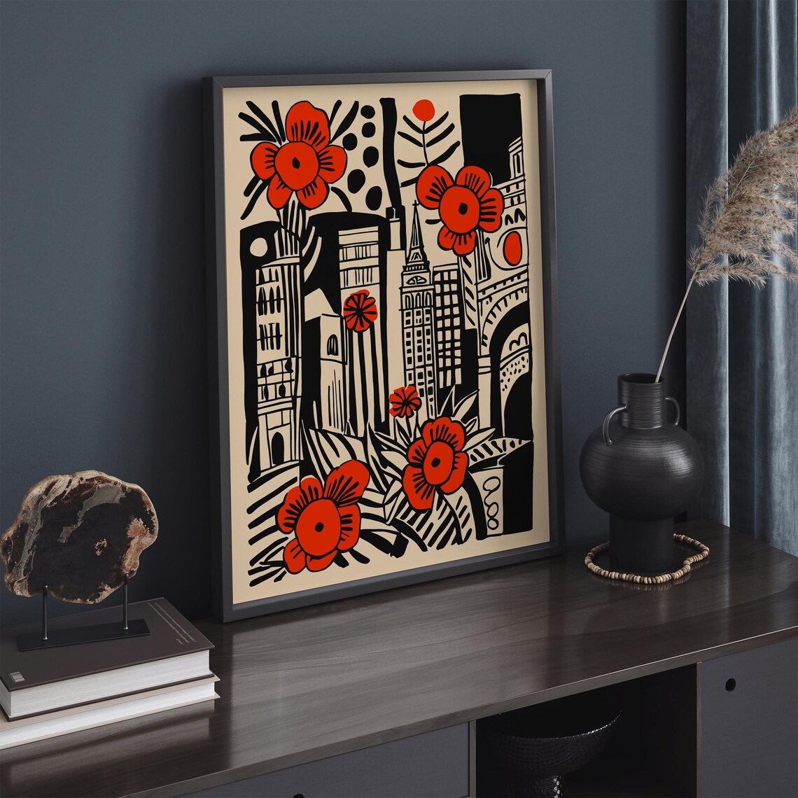 London England Skyline Linocut Red Poppies Floral City Poster - Image 3