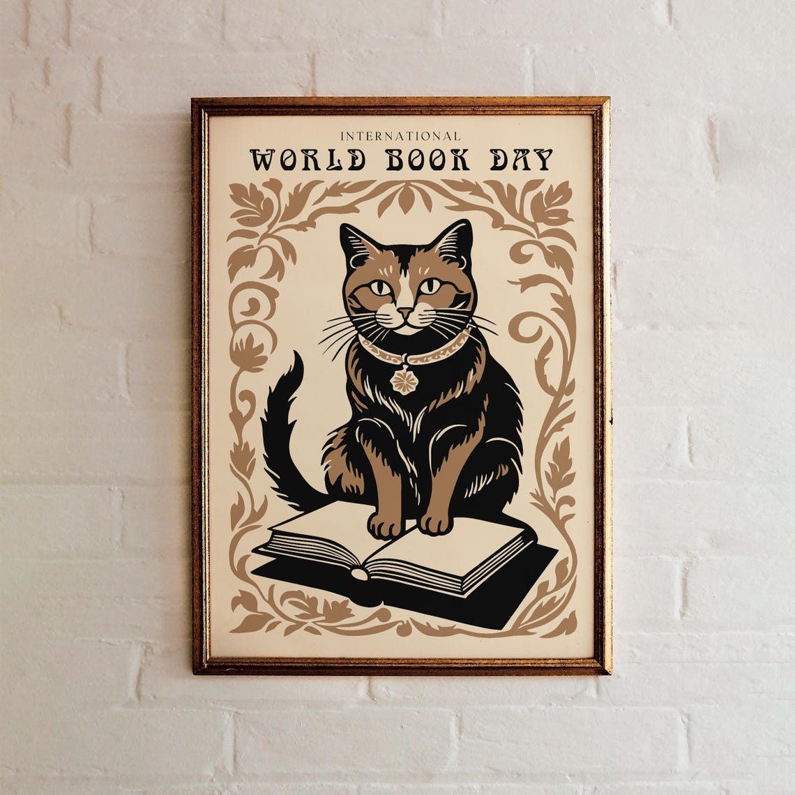 World Book Day Cat Sitting on Book Vintage Whimsical Art Poster