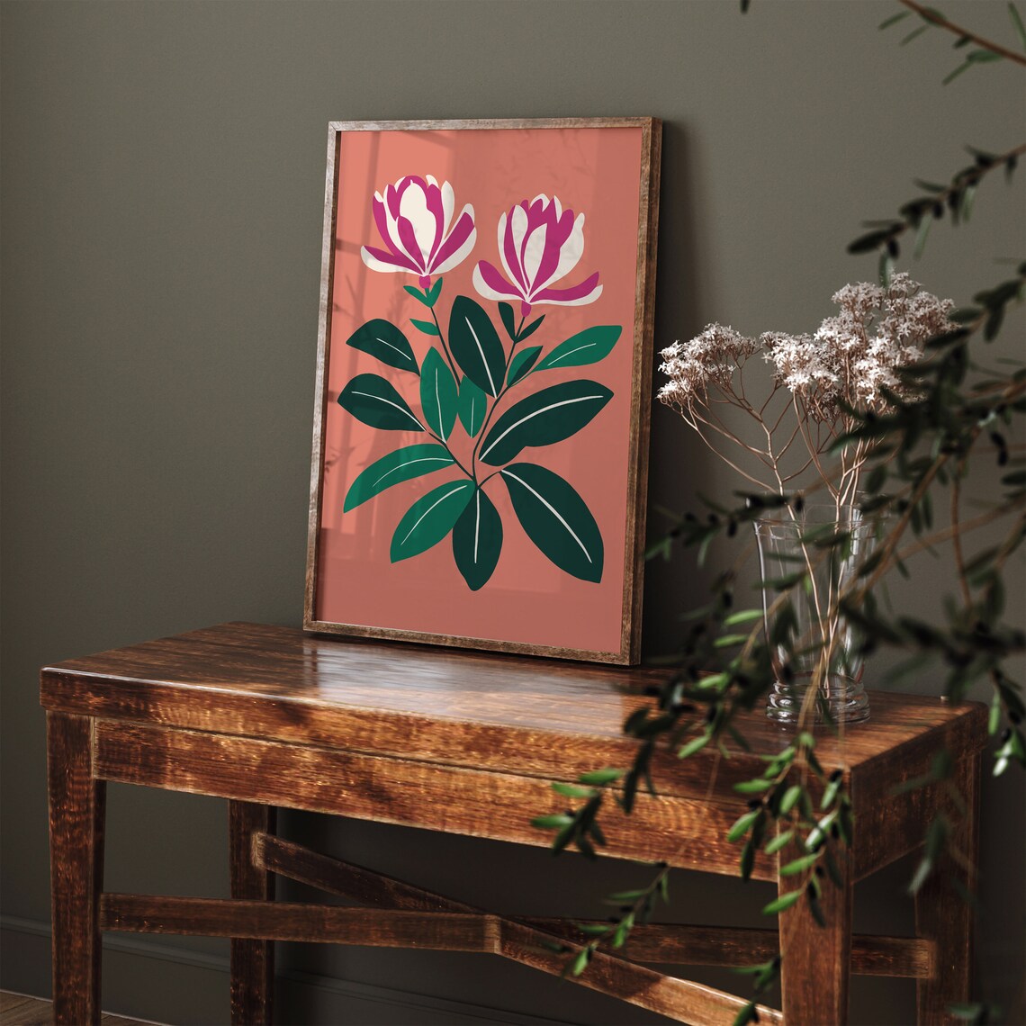 Pink Rhododendron Botanical Floral Art Print on Coral Background - Image 2