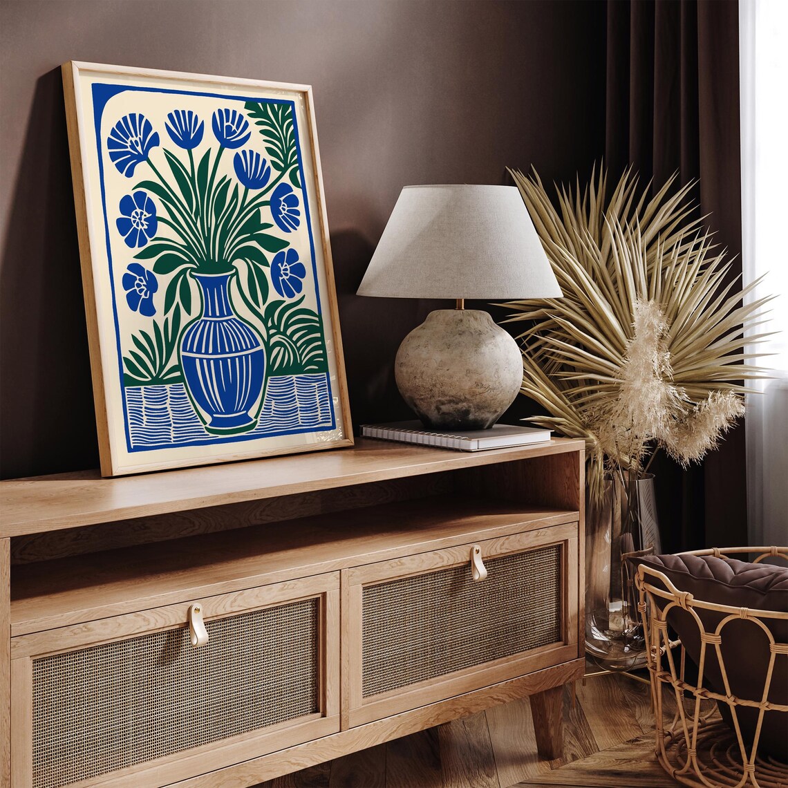 Vintage Modern Woodcut Blue Green Floral Vase Linocut Poster - Image 2