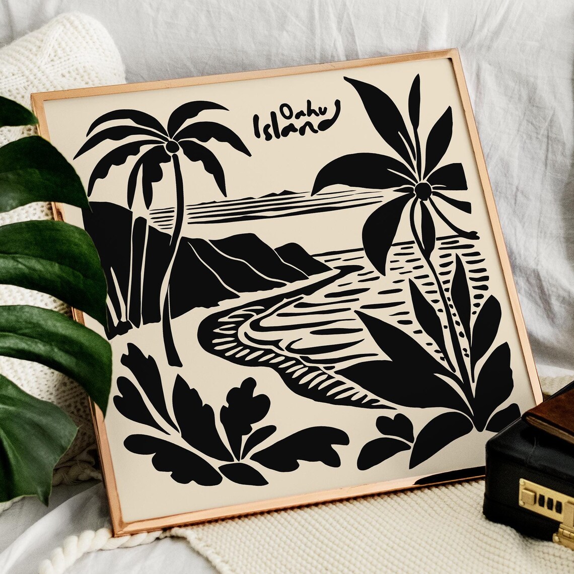 Oahu Island Black White Palm Cove Beach Square Graphic Art Poster