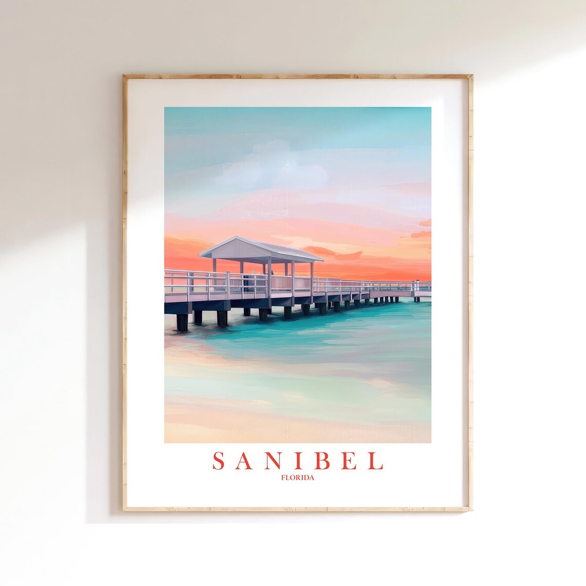 Sanibel Florida Fishing Pier Sunset Turquoise Water Travel Poster