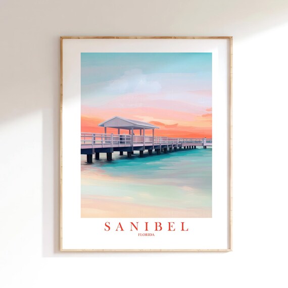 Sanibel Florida Fishing Pier Sunset Turquoise Water Travel Poster