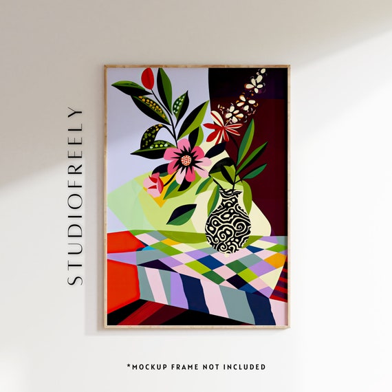 Matisse Inspired Flower Bouquet Art Print Maroon Lime Green